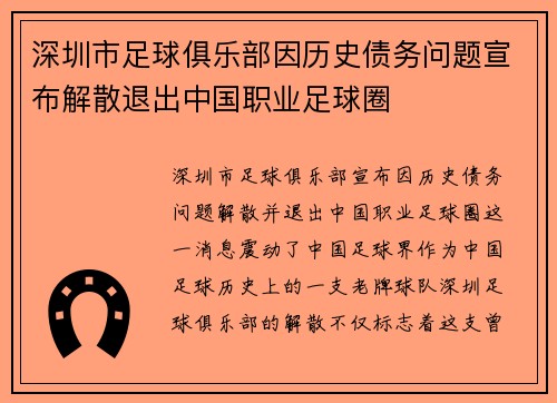 深圳市足球俱乐部因历史债务问题宣布解散退出中国职业足球圈